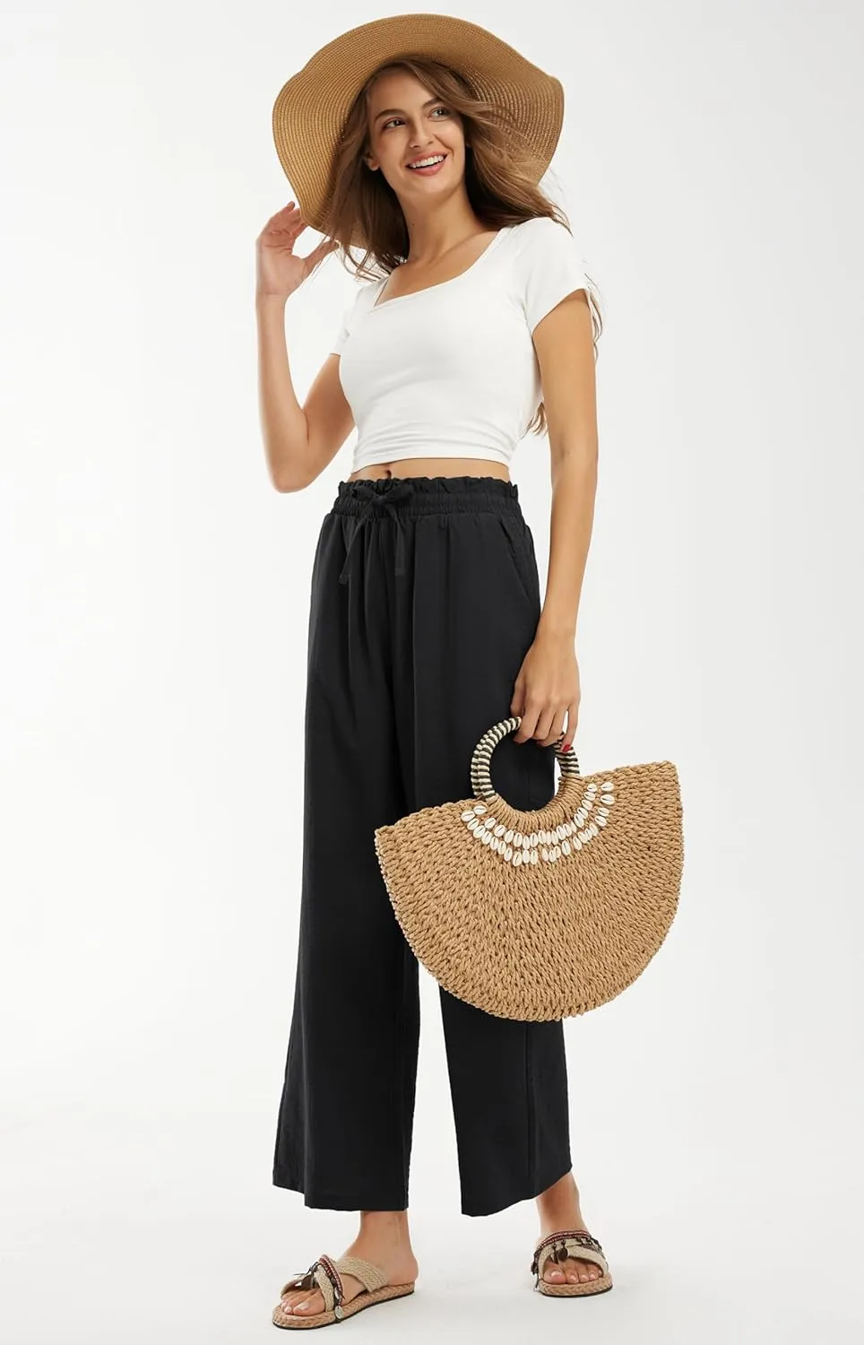 Libin Women's Imitation Linen Pants High Waist Wide Leg Casual Palazzo Pants Beach Cropped Trousers Summer Outfits
