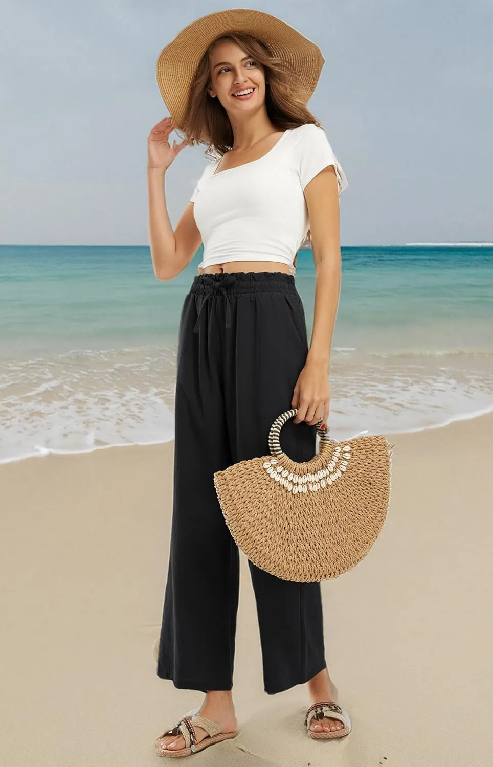 Libin Women's Imitation Linen Pants High Waist Wide Leg Casual Palazzo Pants Beach Cropped Trousers Summer Outfits