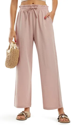 Libin Women's Imitation Linen Pants High Waist Wide Leg Casual Palazzo Pants Beach Cropped Trousers Summer Outfits