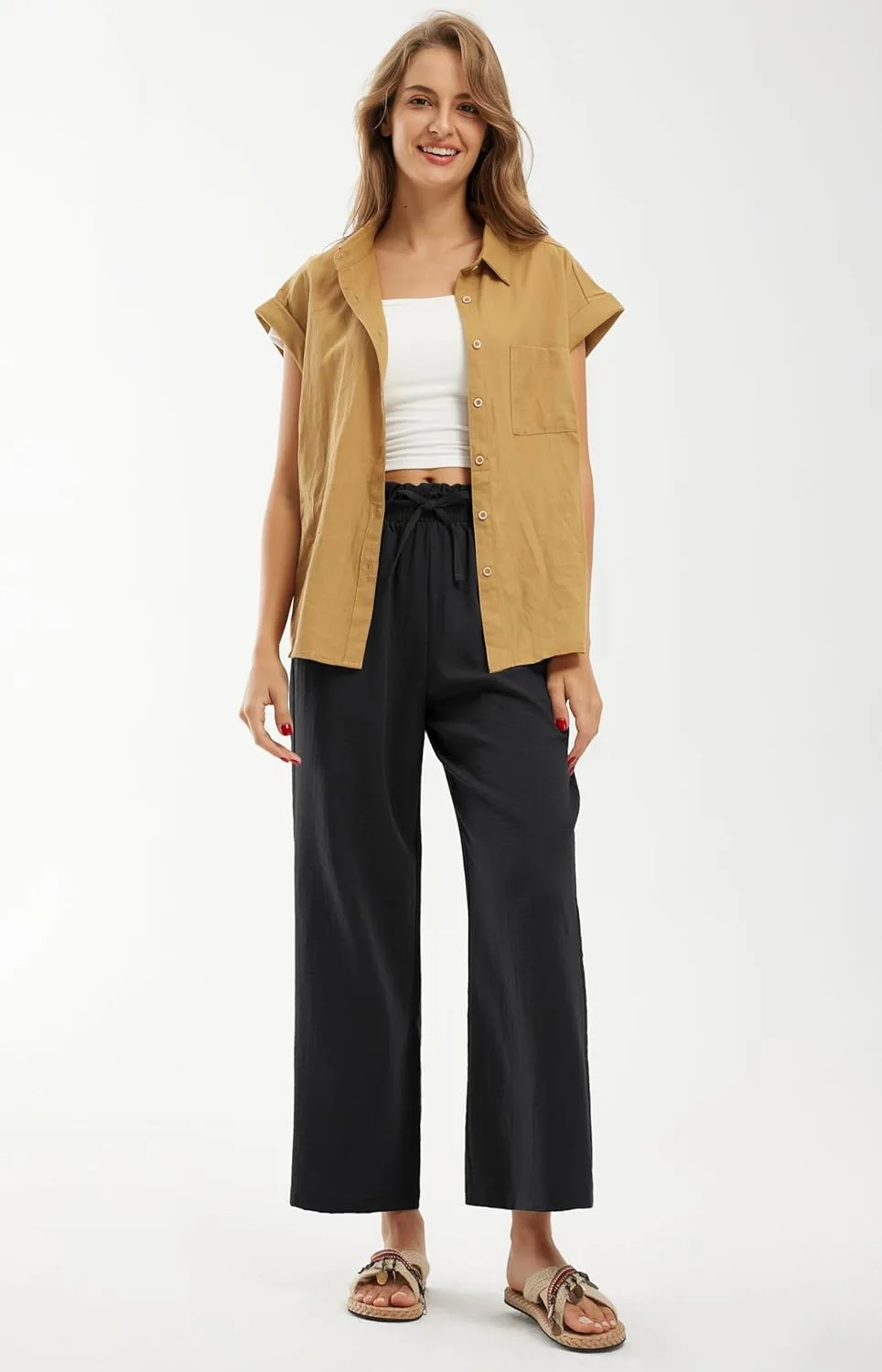 Libin Women's Imitation Linen Pants High Waist Wide Leg Casual Palazzo Pants Beach Cropped Trousers Summer Outfits