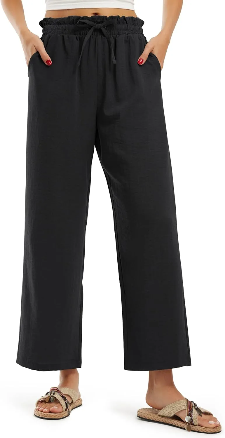 Libin Women's Imitation Linen Pants High Waist Wide Leg Casual Palazzo Pants Beach Cropped Trousers Summer Outfits