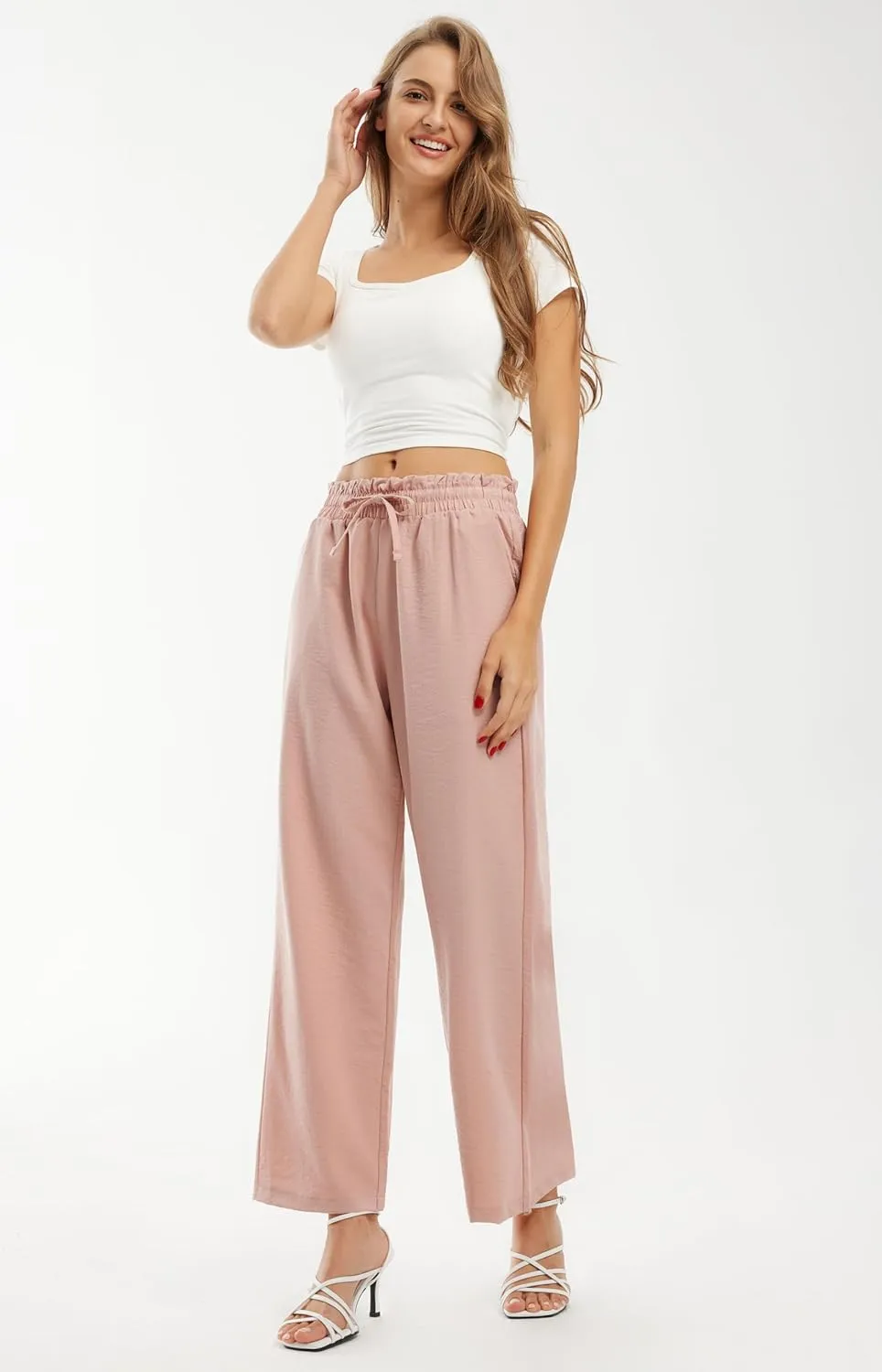 Libin Women's Imitation Linen Pants High Waist Wide Leg Casual Palazzo Pants Beach Cropped Trousers Summer Outfits
