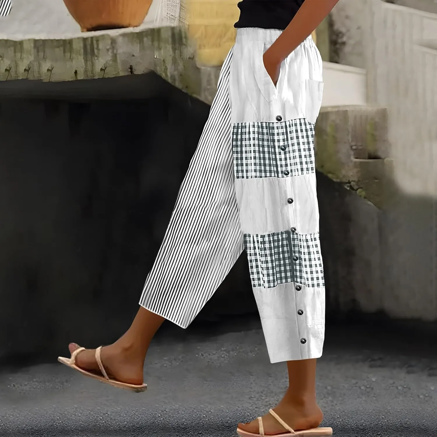 Linen Capri Pants for Women 2025 Plus Size Trendy Striped Spring Summer Pant Casual Elastic Waist Comfy Ankle Trousers