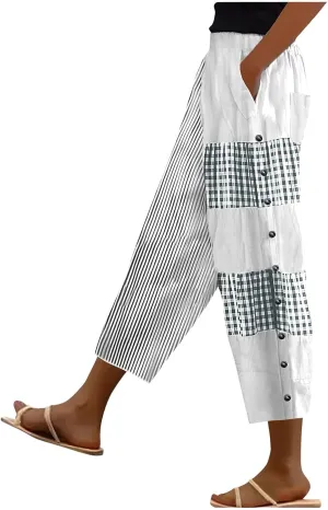 Linen Capri Pants for Women 2025 Plus Size Trendy Striped Spring Summer Pant Casual Elastic Waist Comfy Ankle Trousers