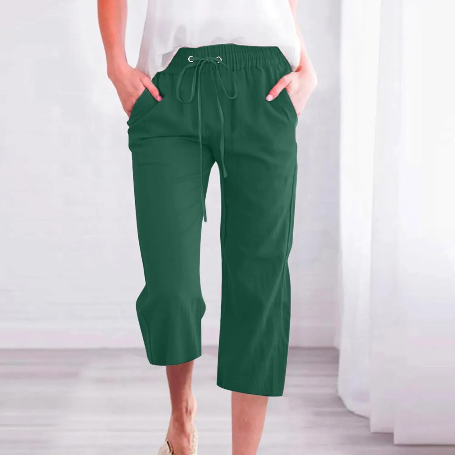 Linen Capri Pants for Women Casual 2025 Summer Drawstring Elastic High Waist Capris Wide Leg Cropped Trousers