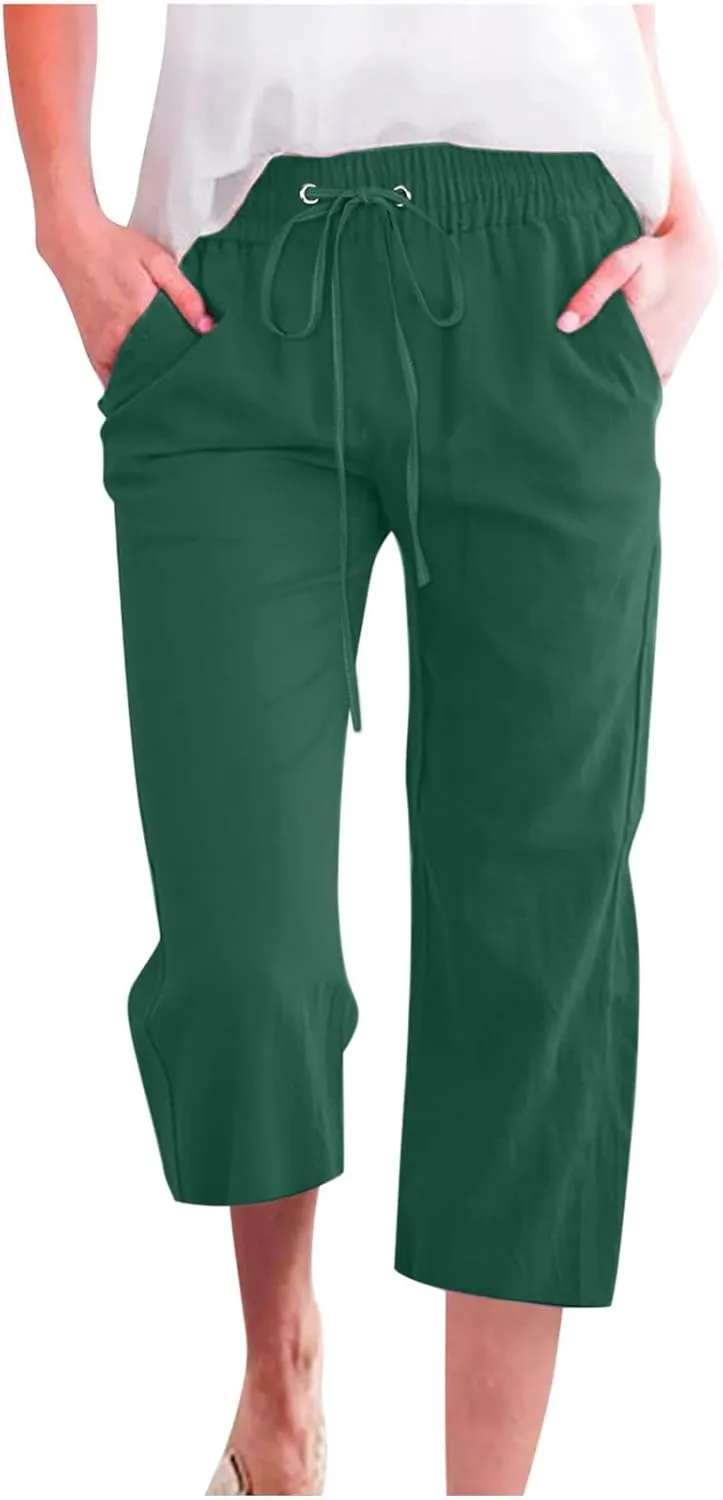 Linen Capri Pants for Women Casual 2025 Summer Drawstring Elastic High Waist Capris Wide Leg Cropped Trousers