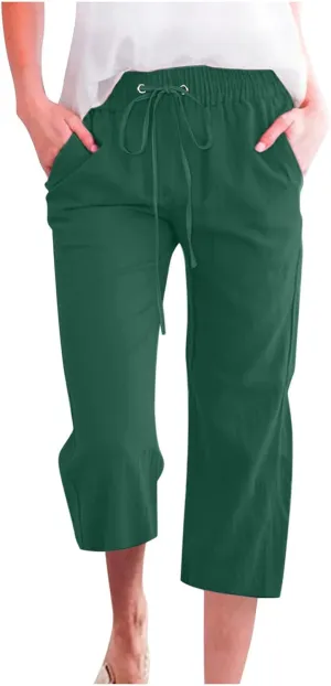 Linen Capri Pants for Women Casual 2025 Summer Drawstring Elastic High Waist Capris Wide Leg Cropped Trousers