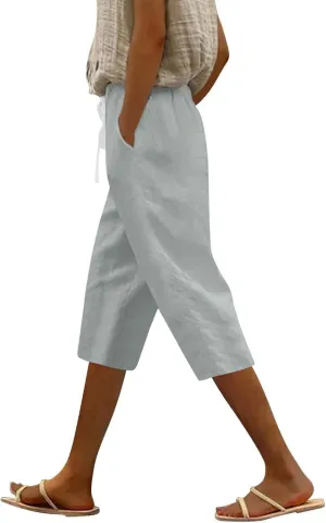 Linen Capri Pants for Women Casual Drawstring Waist Lightweight Summer Pants High Waist Capris Loose Beach Trousers