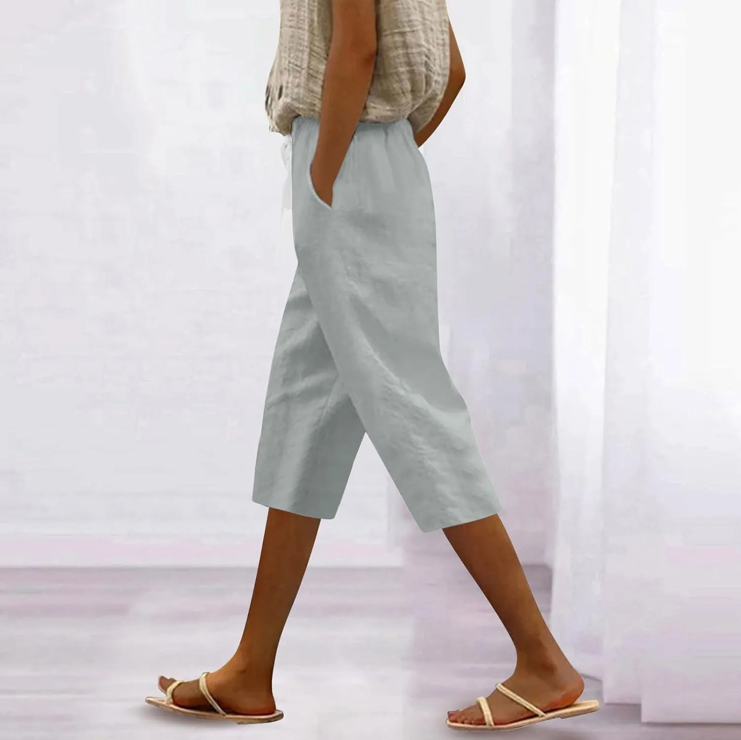 Linen Capri Pants for Women Casual Drawstring Waist Lightweight Summer Pants High Waist Capris Loose Beach Trousers