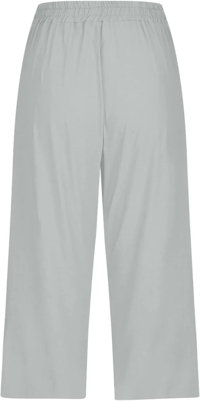 Linen Capri Pants for Women Casual Drawstring Waist Lightweight Summer Pants High Waist Capris Loose Beach Trousers