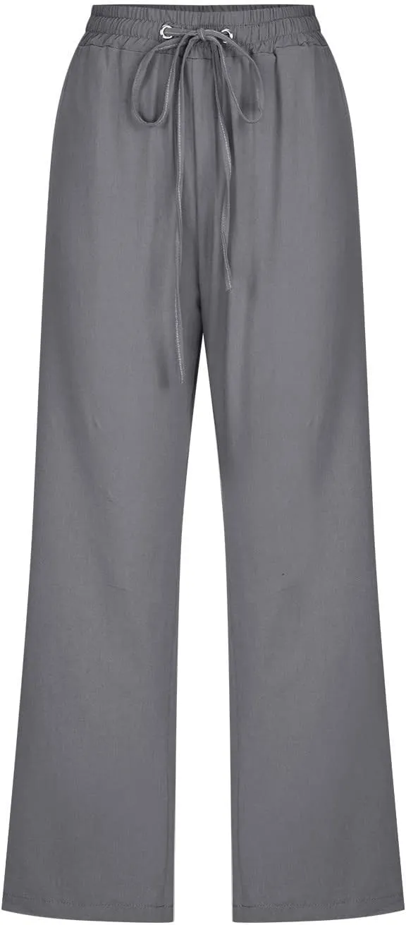 Linen Capri Pants for Women Casual Summer 2024 High Waist Drawstring Wide Leg Lounge Pant Resort Wear Cropped Trouser