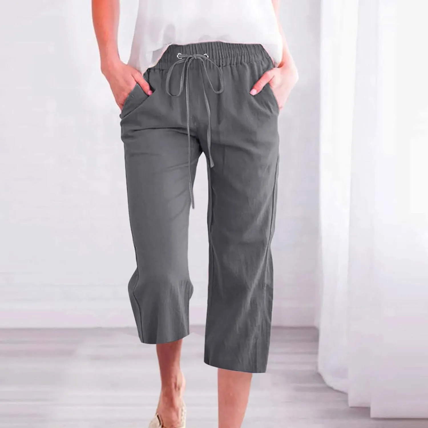 Linen Capri Pants for Women Casual Summer 2024 High Waist Drawstring Wide Leg Lounge Pant Resort Wear Cropped Trouser