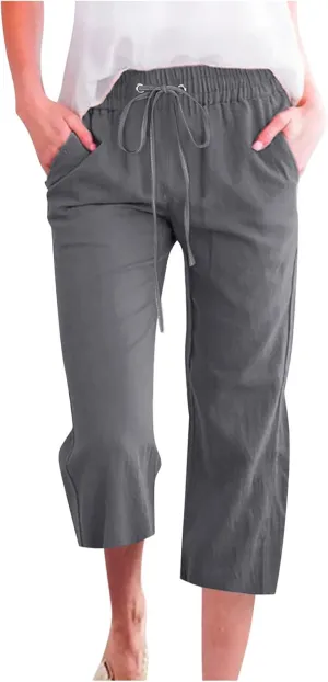 Linen Capri Pants for Women Casual Summer 2024 High Waist Drawstring Wide Leg Lounge Pant Resort Wear Cropped Trouser