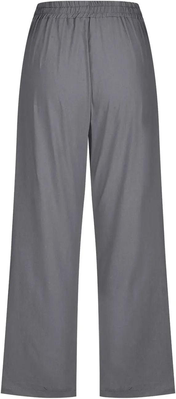 Linen Capri Pants for Women Casual Summer 2024 High Waist Drawstring Wide Leg Lounge Pant Resort Wear Cropped Trouser