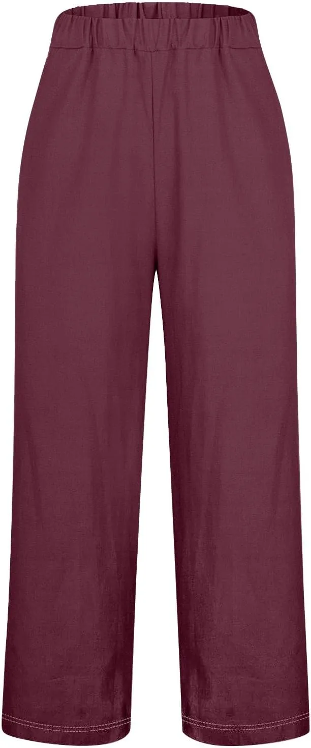 Linen Capri Pants for Women High Waisted Wide Leg Lounge Pant with Pockets Comfy Soft Trousers Casual Resort Wear