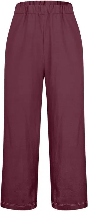 Linen Capri Pants for Women High Waisted Wide Leg Lounge Pant with Pockets Comfy Soft Trousers Casual Resort Wear