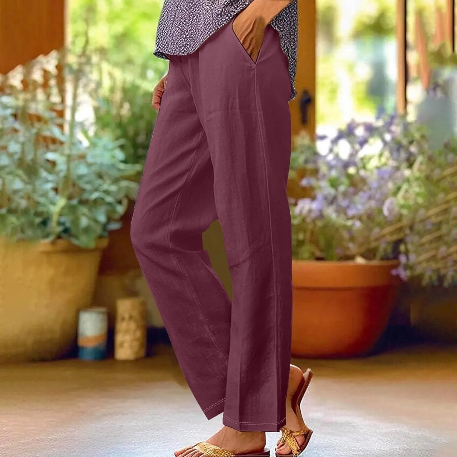 Linen Capri Pants for Women High Waisted Wide Leg Lounge Pant with Pockets Comfy Soft Trousers Casual Resort Wear