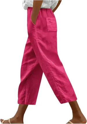 Linen Capri Pants for Women Summer Comfy Wide Leg Pants with Pockets Beach Hight Waist Casual Trousers for Holiday