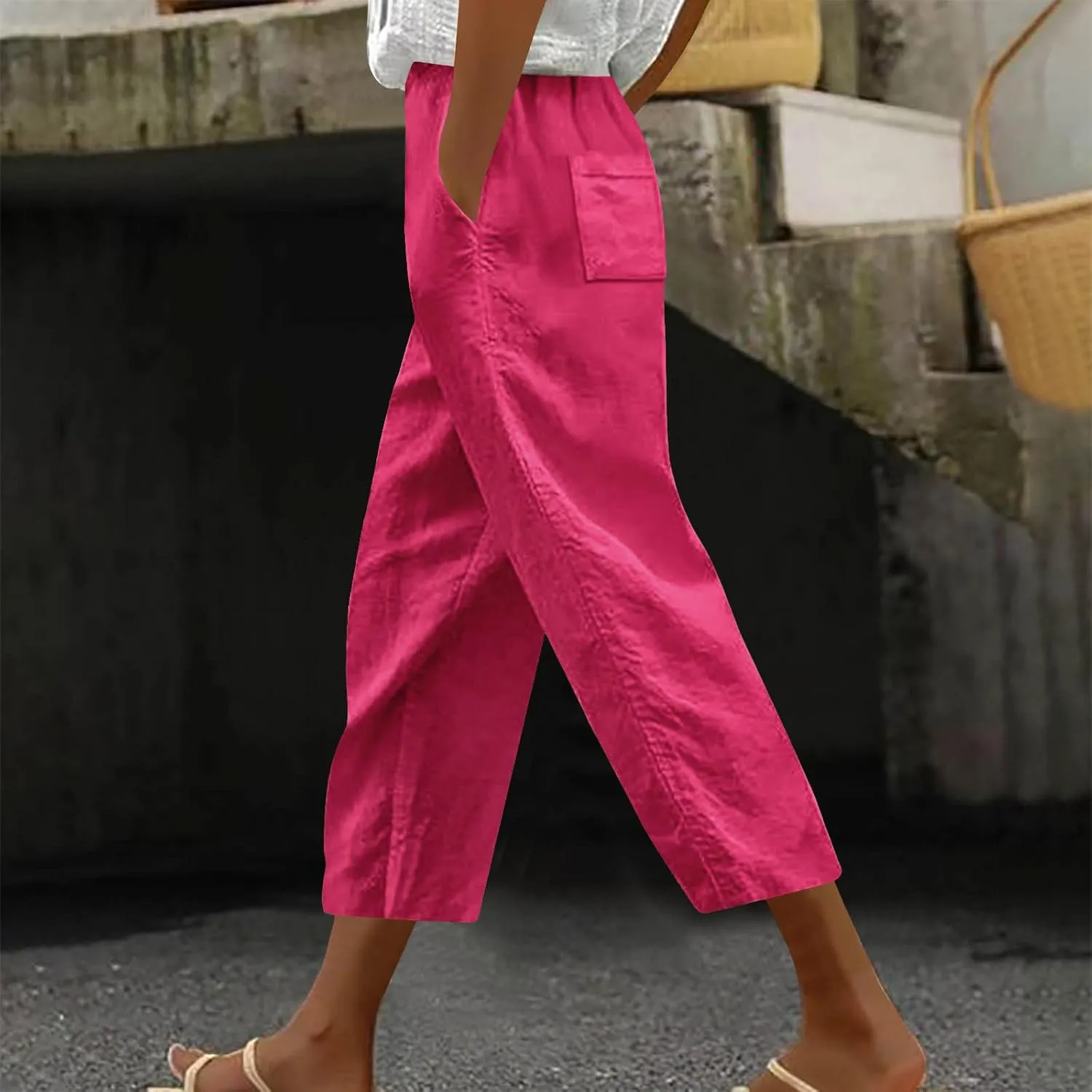 Linen Capri Pants for Women Summer Comfy Wide Leg Pants with Pockets Beach Hight Waist Casual Trousers for Holiday