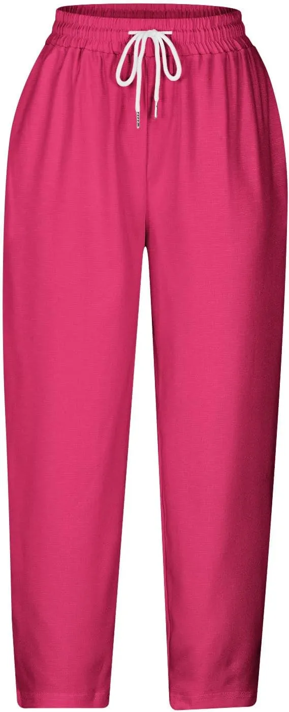 Linen Capri Pants for Women Summer Comfy Wide Leg Pants with Pockets Beach Hight Waist Casual Trousers for Holiday