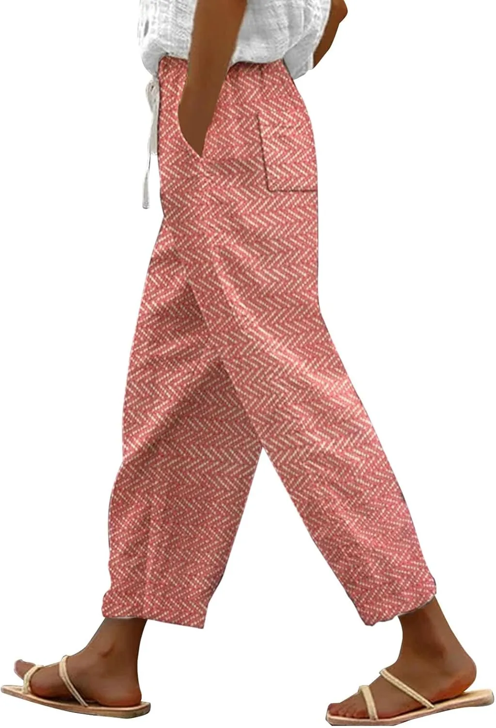 Linen Capri Pants with Drawstring Womens Casual Lightweight Elastic Waist Pants with Pockets Summer Petite Capris