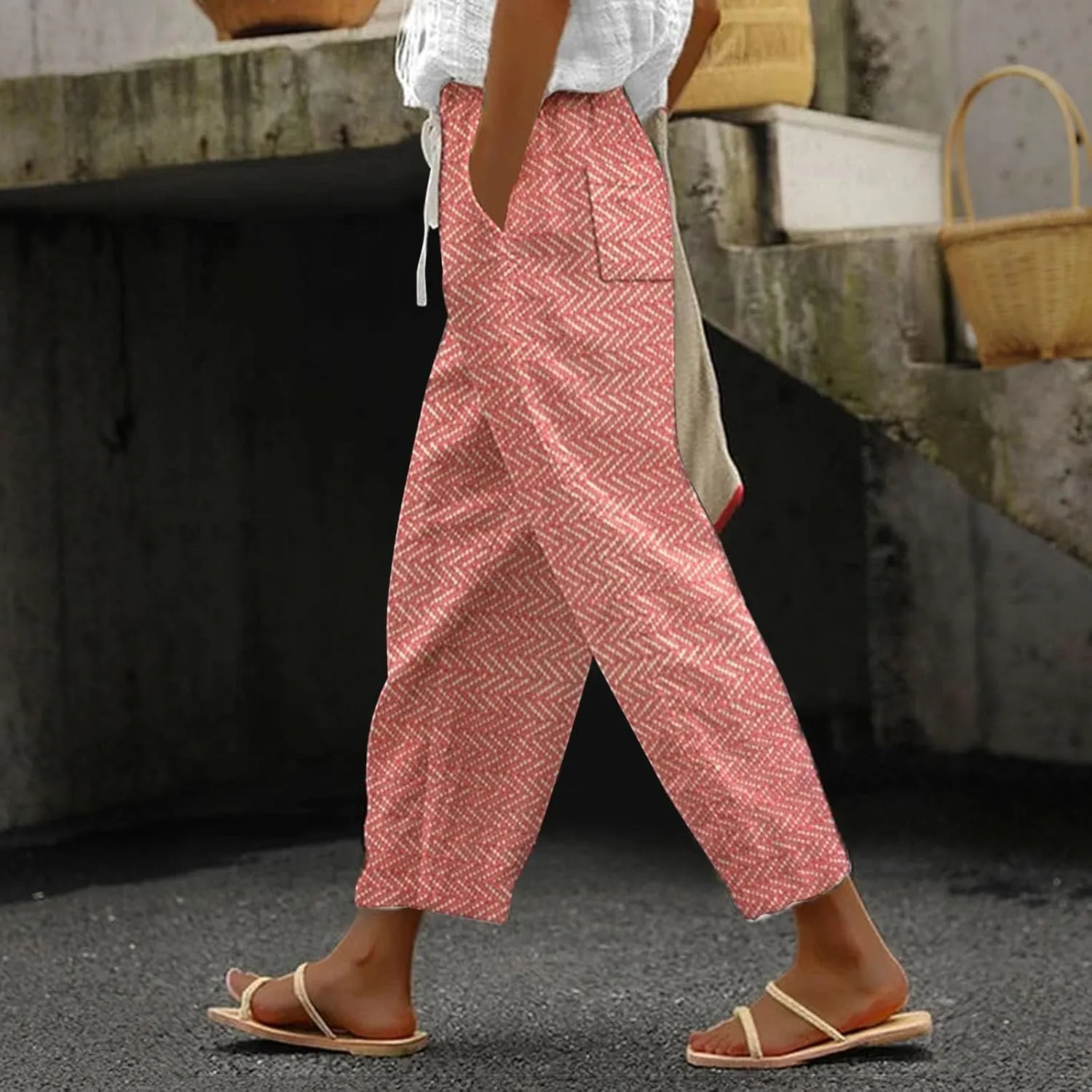 Linen Capri Pants with Drawstring Womens Casual Lightweight Elastic Waist Pants with Pockets Summer Petite Capris