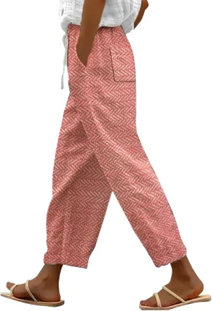 Linen Capri Pants with Drawstring Womens Casual Lightweight Elastic Waist Pants with Pockets Summer Petite Capris