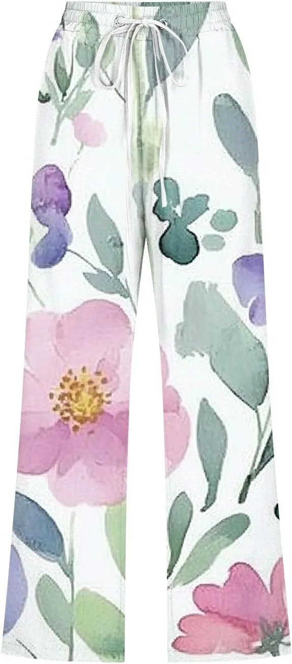 Linen Capri Pants Women Summer Baggy Lounge Straight Leg Pants Comfy High Elastic Waist Print Trousers with Pockets