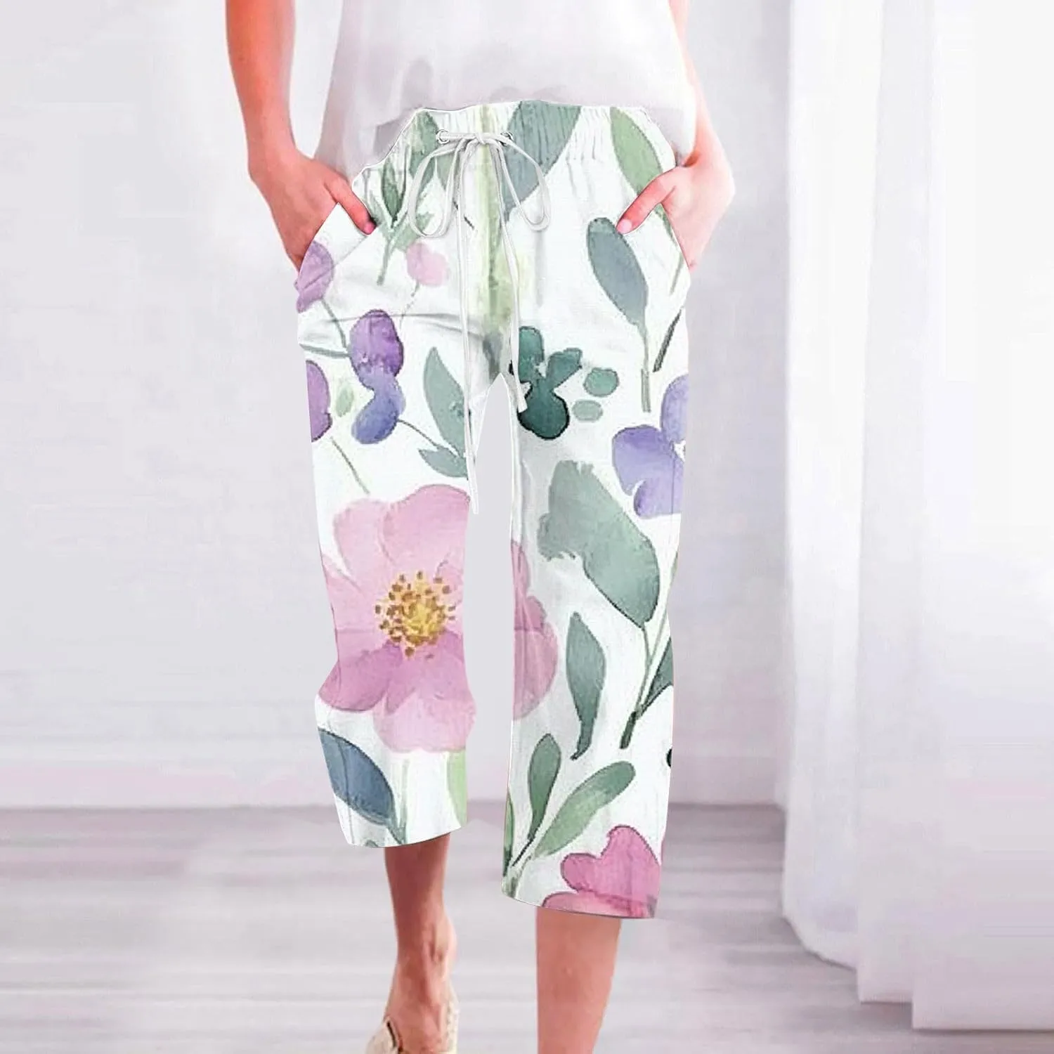 Linen Capri Pants Women Summer Baggy Lounge Straight Leg Pants Comfy High Elastic Waist Print Trousers with Pockets