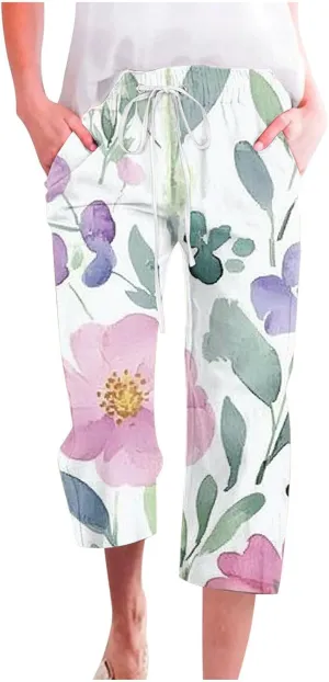 Linen Capri Pants Women Summer Baggy Lounge Straight Leg Pants Comfy High Elastic Waist Print Trousers with Pockets