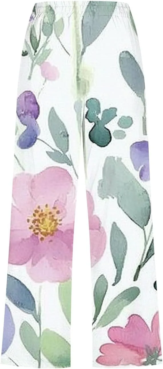 Linen Capri Pants Women Summer Baggy Lounge Straight Leg Pants Comfy High Elastic Waist Print Trousers with Pockets