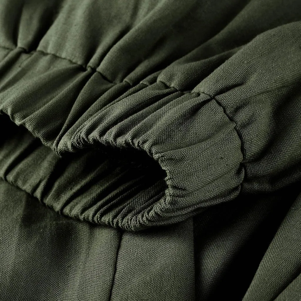 Linen Capris for Women Summer Pants Casual Pockets Cotton Linen Wide Leg Drawstring Elastic Waist Capris Crop Pants
