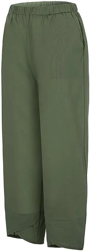 Linen Capris for Women Summer Pants Casual Pockets Cotton Linen Wide Leg Drawstring Elastic Waist Capris Crop Pants
