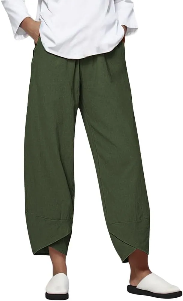 Linen Capris for Women Summer Pants Casual Pockets Cotton Linen Wide Leg Drawstring Elastic Waist Capris Crop Pants