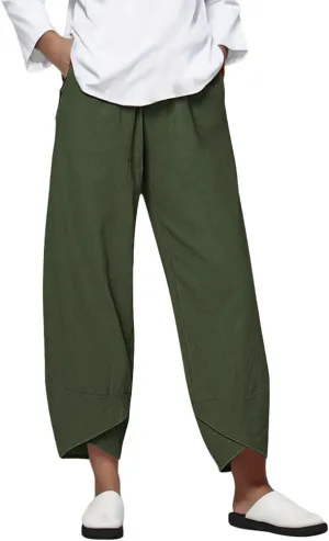 Linen Capris for Women Summer Pants Casual Pockets Cotton Linen Wide Leg Drawstring Elastic Waist Capris Crop Pants