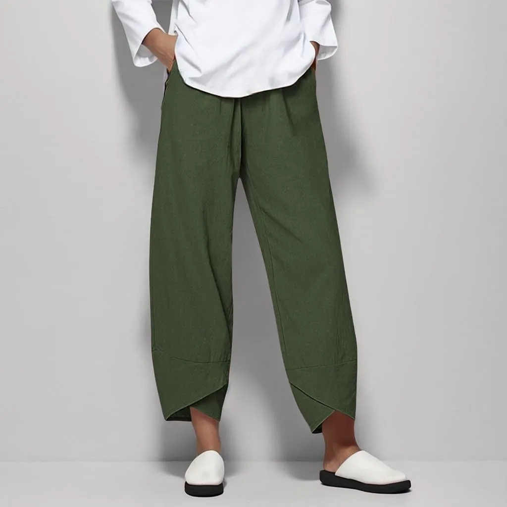 Linen Capris for Women Summer Pants Casual Pockets Cotton Linen Wide Leg Drawstring Elastic Waist Capris Crop Pants