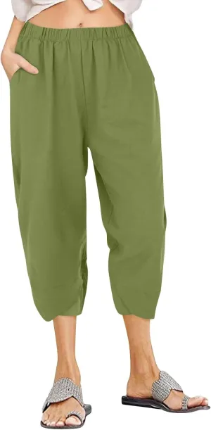 Linen Capris Pants Women Plus Size Casual Summer 2025 Loose Fit Drawstring Elastic Waist Cropped Trouser Lounge Pant