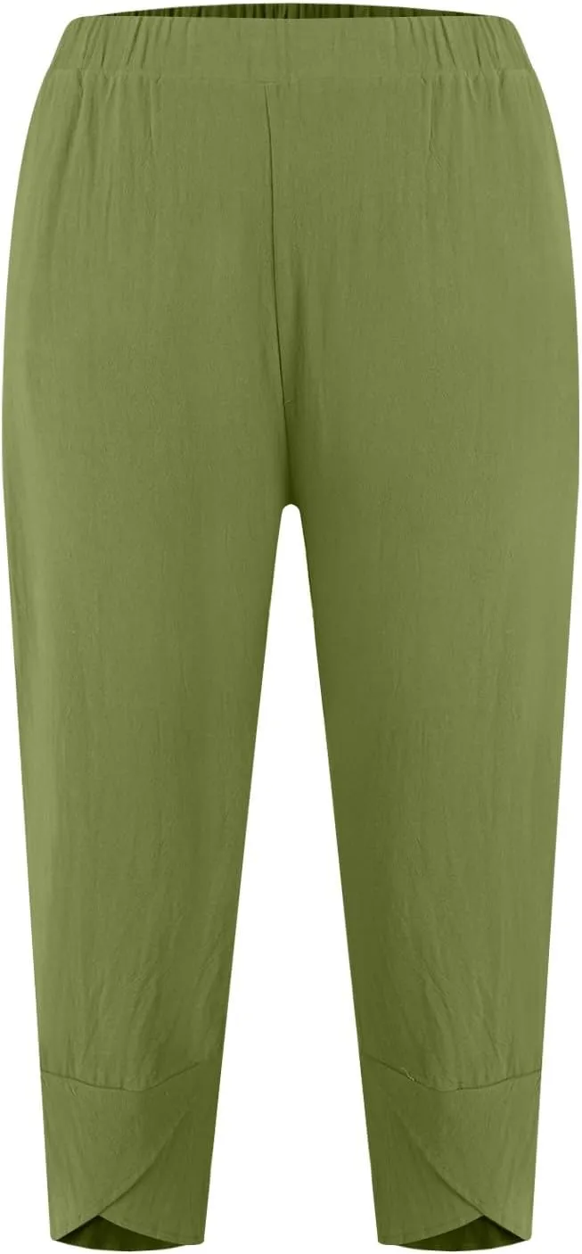 Linen Capris Pants Women Plus Size Casual Summer 2025 Loose Fit Drawstring Elastic Waist Cropped Trouser Lounge Pant