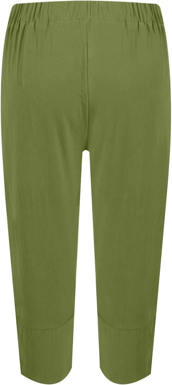 Linen Capris Pants Women Plus Size Casual Summer 2025 Loose Fit Drawstring Elastic Waist Cropped Trouser Lounge Pant
