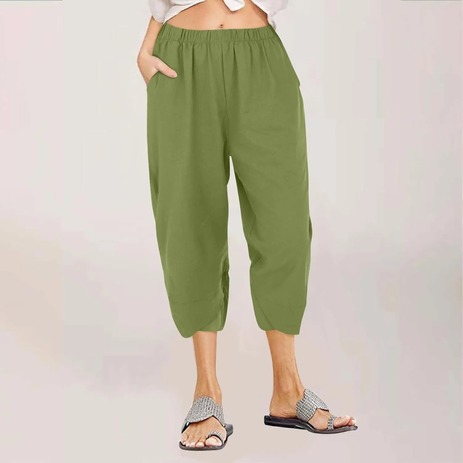 Linen Capris Pants Women Plus Size Casual Summer 2025 Loose Fit Drawstring Elastic Waist Cropped Trouser Lounge Pant
