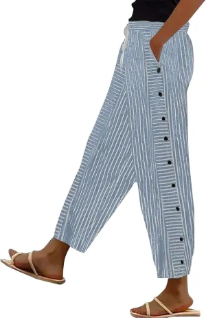 Linen Crop Pants for Women Elastic Waistband High Waistband Pocket Pants Side Nine Point Loose Casual