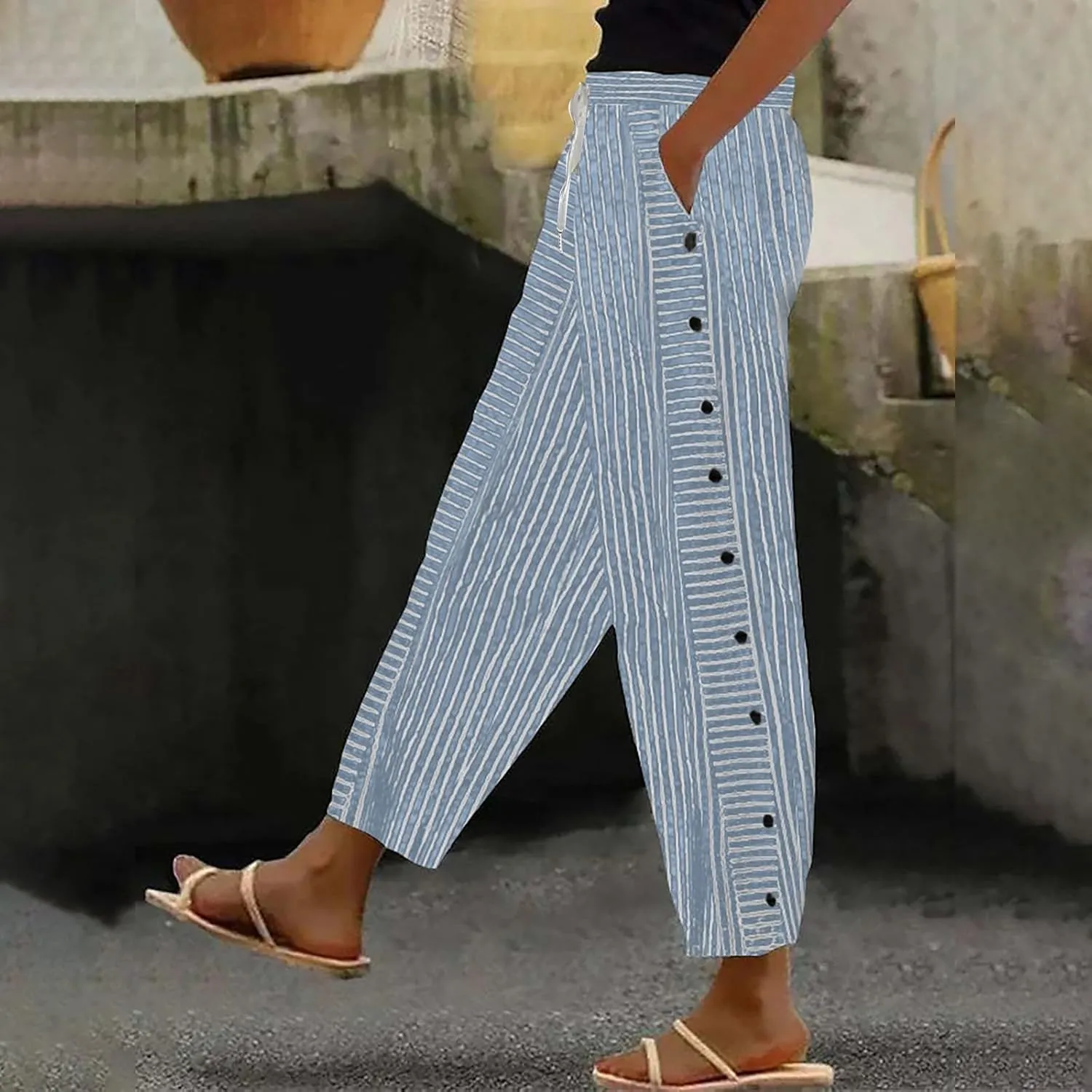 Linen Crop Pants for Women Elastic Waistband High Waistband Pocket Pants Side Nine Point Loose Casual