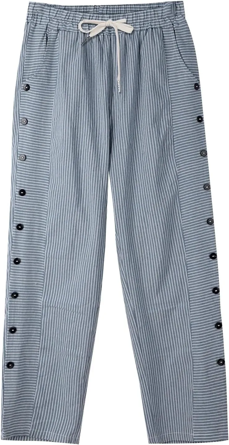 Linen Crop Pants for Women Elastic Waistband High Waistband Pocket Pants Side Nine Point Loose Casual