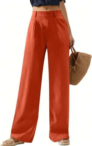 Linen Palazzo Pants for Women Dressy Business Casual High Waisted Teacher Pants Button Down Wide Leg Work Trousers