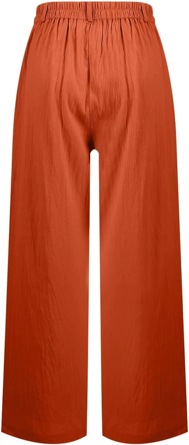 Linen Palazzo Pants for Women Dressy Business Casual High Waisted Teacher Pants Button Down Wide Leg Work Trousers
