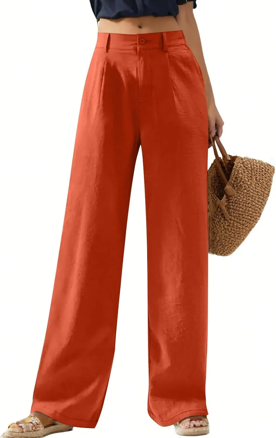 Linen Palazzo Pants for Women Dressy Business Casual High Waisted Teacher Pants Button Down Wide Leg Work Trousers