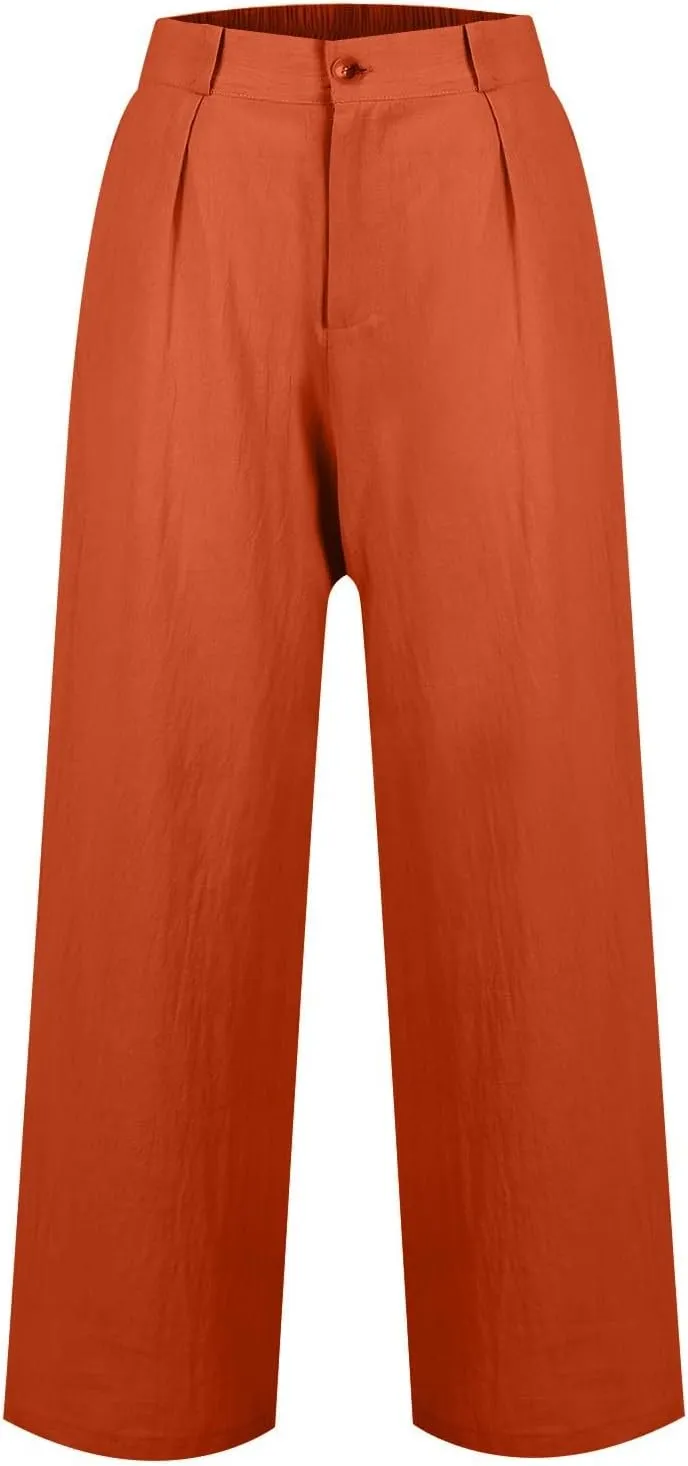 Linen Palazzo Pants for Women Dressy Business Casual High Waisted Teacher Pants Button Down Wide Leg Work Trousers