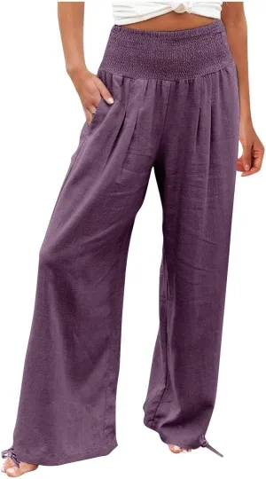 Linen Pant for Women High Wide Waisted Casual Petite Corseted Waist Fashion Flowy Solid Color Trouser with Pocket