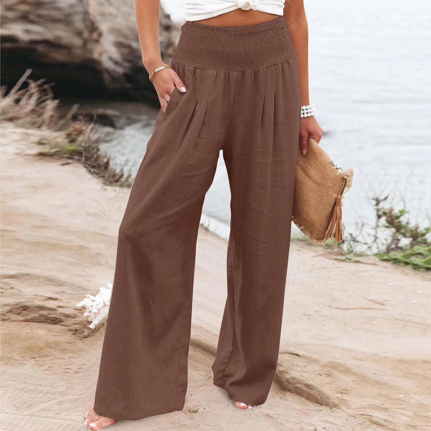 Linen Pants for Women 2024 Summer Plus Size Wide Leg Palazzo Casual Pant Loose Comfy Trendy Boho Beach Trousers with Pockets