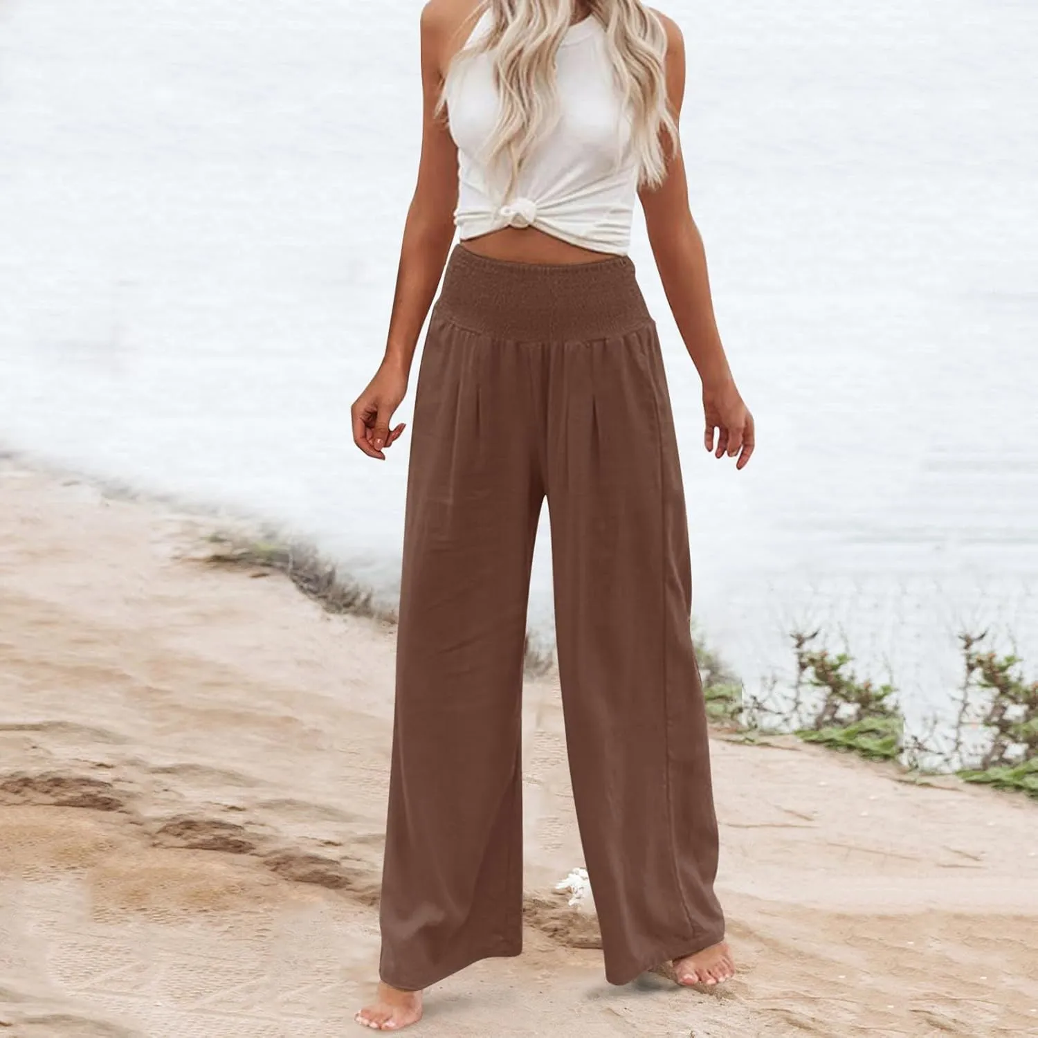 Linen Pants for Women 2024 Summer Plus Size Wide Leg Palazzo Casual Pant Loose Comfy Trendy Boho Beach Trousers with Pockets